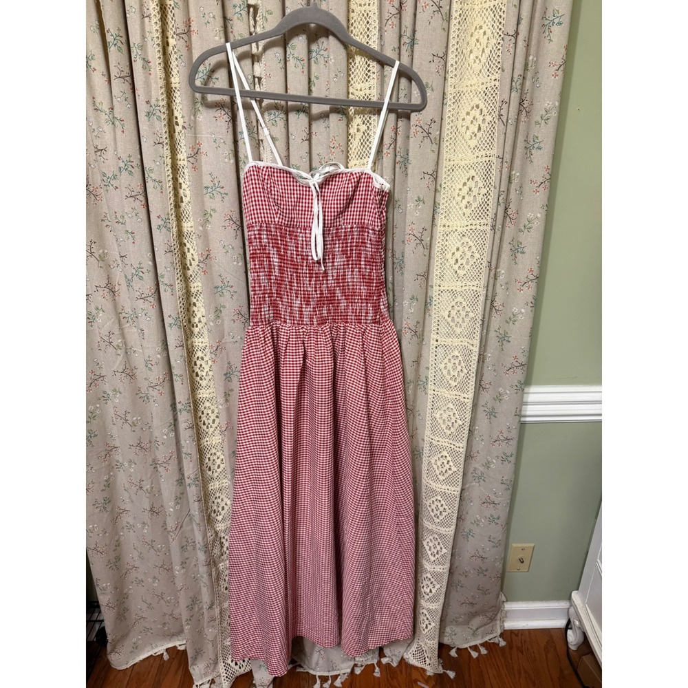 Revolve MORE TO COME Abby Maxi Dress Red Gingham Smocked Cottagecore XXS
